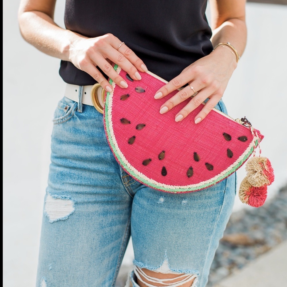NWT J. Crew x Kayu Raffia Watermelon Clutch Red straw bag purse chain clutch - Picture 3 of 10